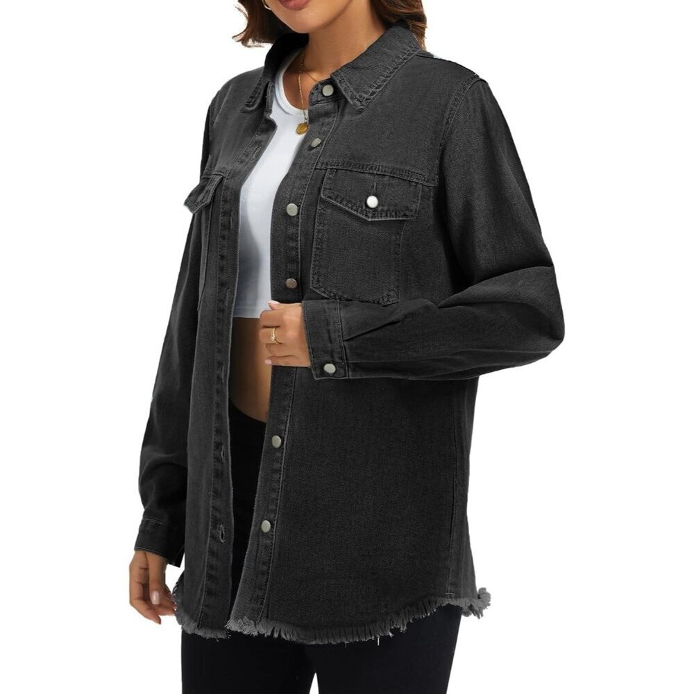 Women's Oversized Jean Jacket  Long Sleeve Denim Distressed Frayed Hem Black - Picture 3 of 6